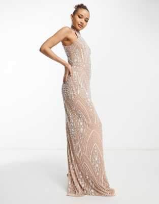 Beauut Beauut Bridesmaid allover embellished maxi dress in taupe-Neutral