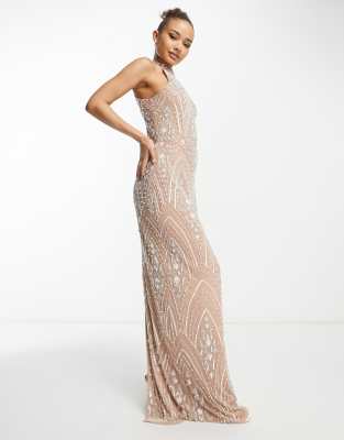 BEAUUT BRIDESMAID ALLOVER EMBELLISHED MAXI DRESS IN TAUPE-NEUTRAL