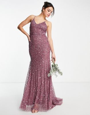 Beauut Bridesmaid allover embellished maxi dress with cami straps in mauve  - ASOS Price Checker