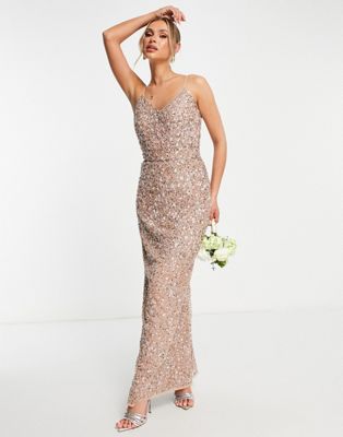 Beauut Bridesmaid allover embellished maxi dress with floral embroidery in taupe