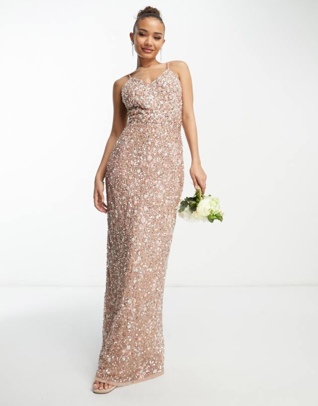 Beauut Bridesmaid allover embellished maxi dress with floral embroidery in taupe