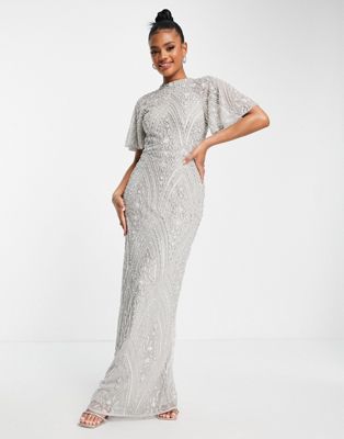Beauut Bridesmaid allover embellished maxi dress with sleeve in grey