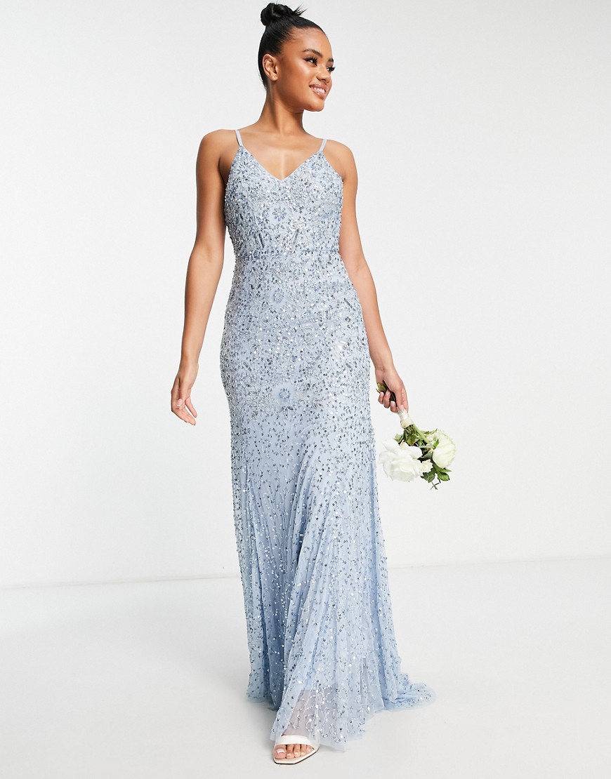 Bridesmaid allover embellished maxi dress with train in light blue
