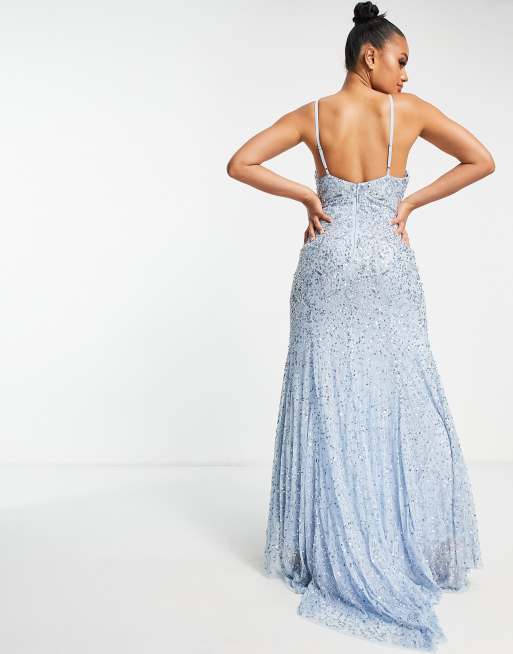 Beauut Bridesmaid allover embellished maxi dress with train in light blue