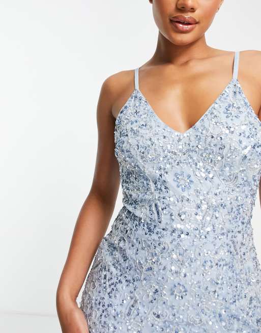 Beauut Bridesmaid allover embellished maxi dress with train in light blue , 3 of 4