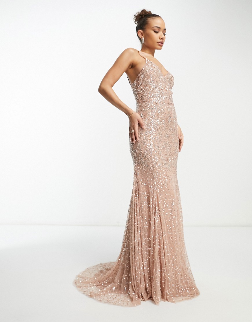 Shop Beauut Bridesmaid Allover Embellished Maxi Dress With Train In Taupe-neutral