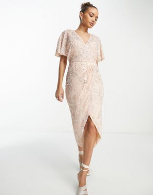 Beauut Bridesmaid allover embellished wrap midi dress in pink