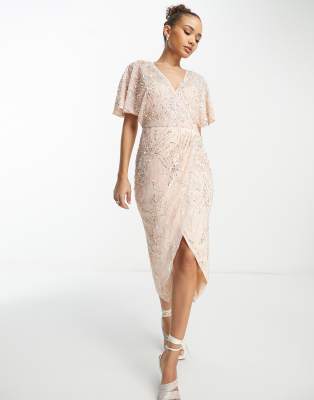 Beauut Bridesmaid Allover Embellished Wrap Midi Dress In Pink