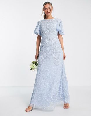 Beauut Bridesmaid allover tonal embellished maxi dress with flutter sleeve in light blue