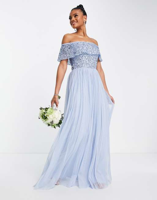 Beauut Bridesmaid bardot embellished maxi dress in light blue