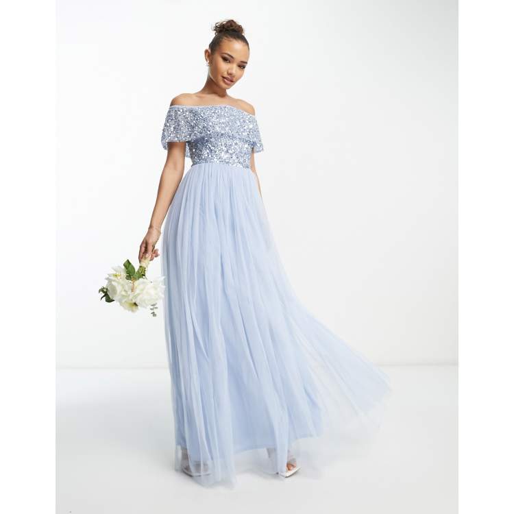 Beauut Bridesmaid bardot embellished maxi dress in light blue