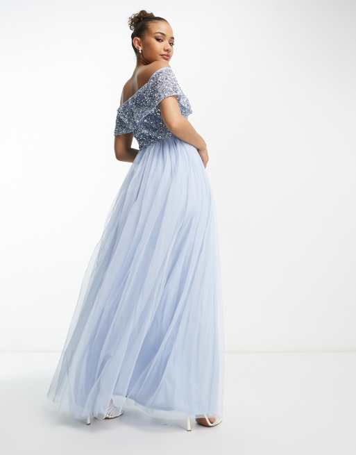 Beauut Bridesmaid bardot embellished maxi dress in light blue