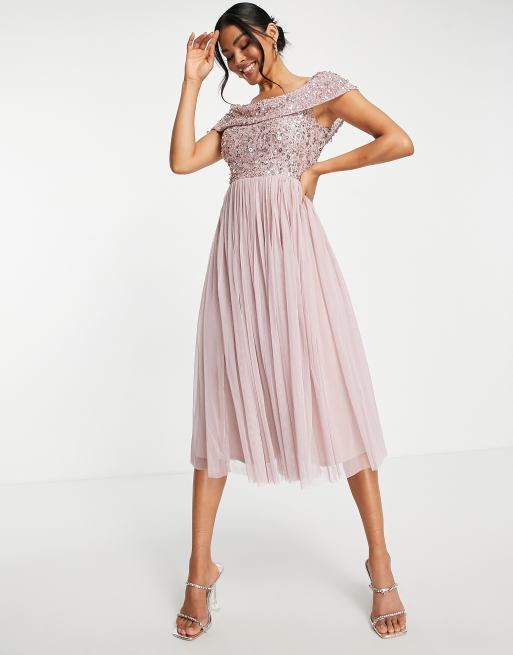 Beauut Bridesmaid bardot embellished midi dress in frosted pink