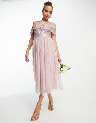 Bridesmaid bardot embellished midi dress in frosted pink