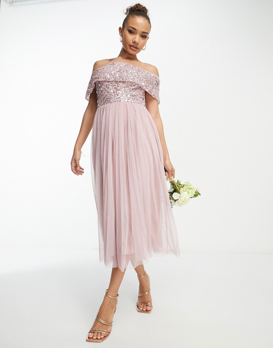 Bridesmaid bardot embellished midi dress in frosted pink