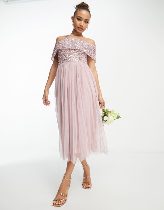 Beauut Bridesmaid bardot embellished midi dress in frosted pink