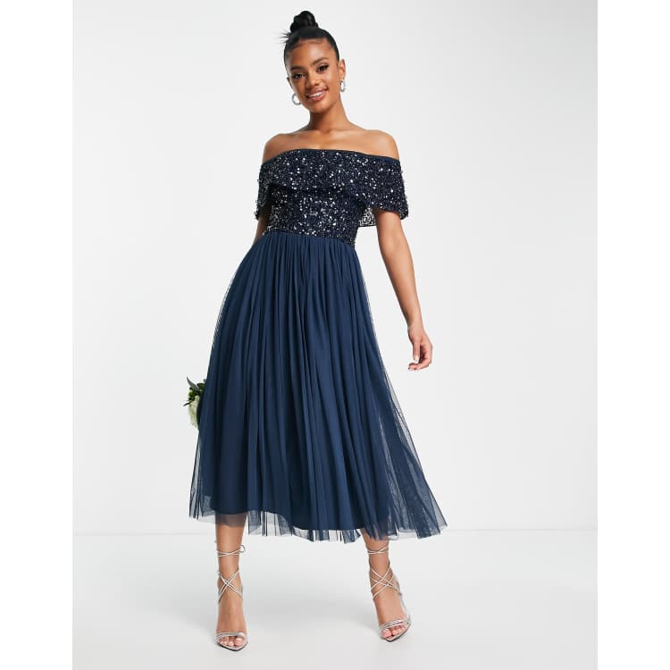 Navy bardot bridesmaid outlet dress