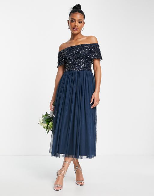 Navy midi sales bardot dress