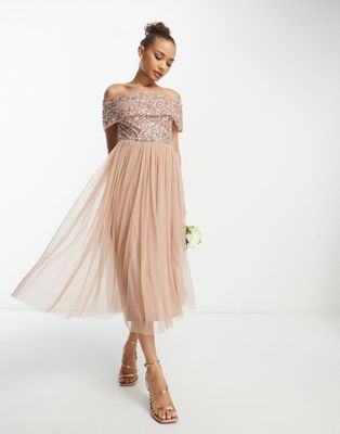 Beauut Bridesmaid bardot embellished midi dress in taupe