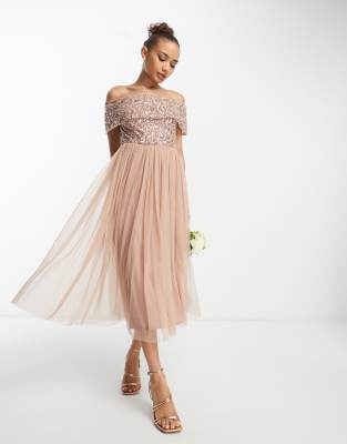 Beauut Bridesmaid bardot embellished midi dress in taupe-Neutral