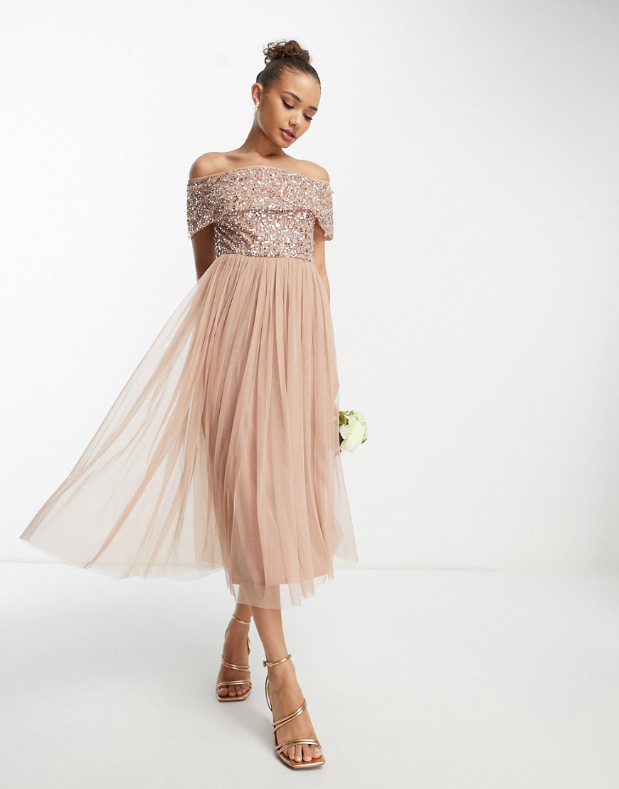 Bridesmaid bardot embellished midi dress in taupe-Neutral