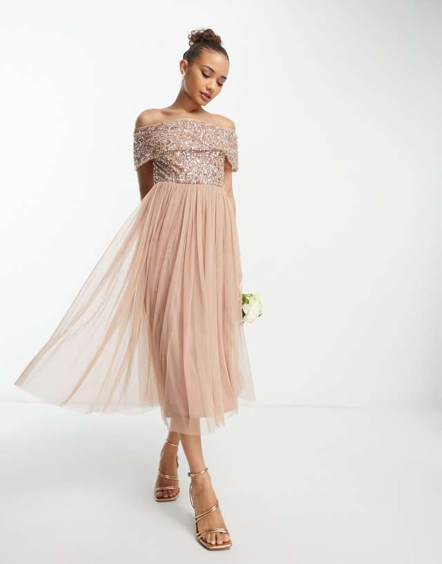 Beauut Bridesmaid bardot embellished midi dress in taupe