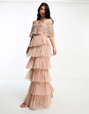 knee length dresses for ladies White Tiered Bardot Maxi Dress