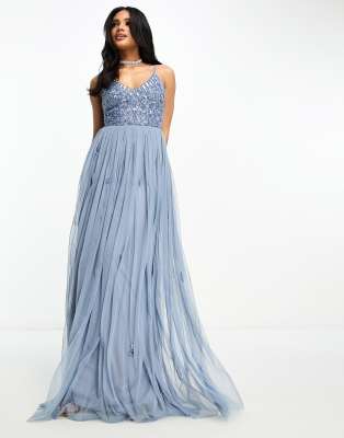 Beauut Bridesmaid cami 2 in 1 maxi dress with embellished top and tulle skirt in blue - ASOS Price Checker