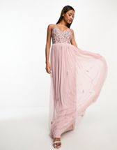 Lace & Beads Bridesmaid sheer one shoulder tulle midi dress in blush