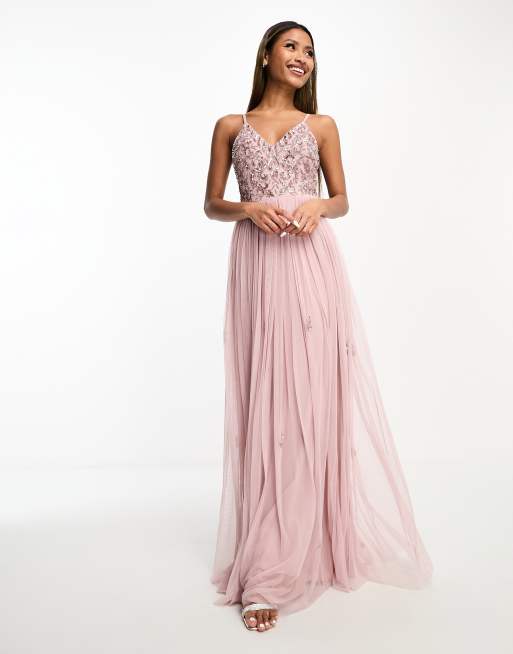 Beauut Bridesmaid cami 2 in 1 maxi dress with embellished top and tulle  skirt in frosted pink