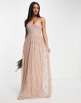 Beauut Bridesmaid delicate embellished maxi dress with tulle skirt in taupe - ASOS Price Checker