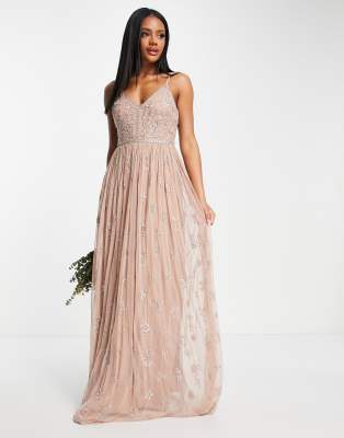 Beauut Beauut Bridesmaid delicate embellished maxi dress with tulle skirt in taupe-Neutral