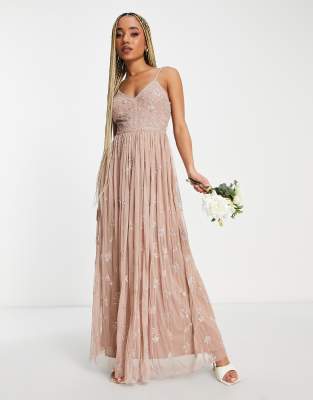 Beauut Bridesmaid delicate embellished maxi dress with tulle skirt in taupe - ASOS Price Checker