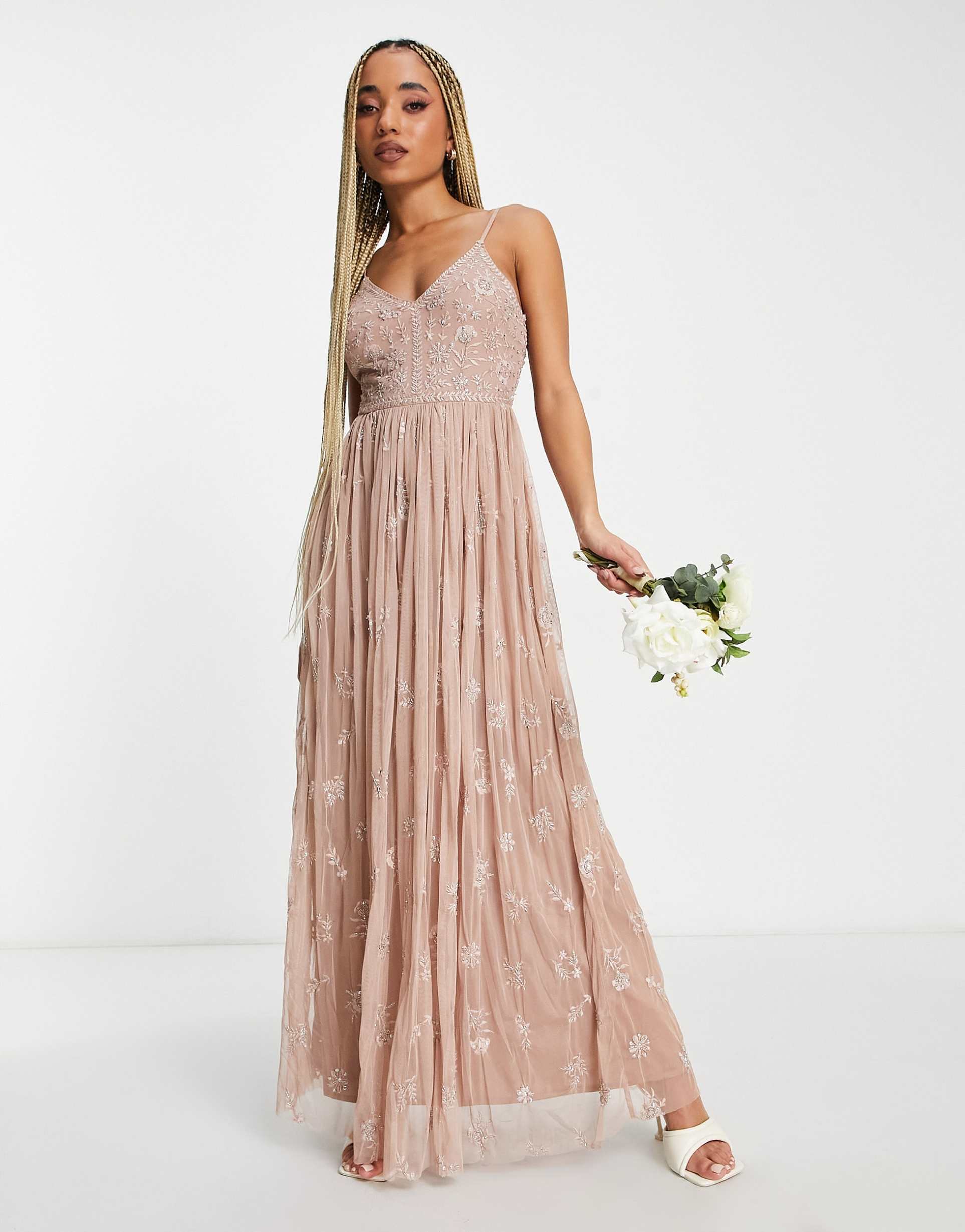beauut bridesmaid delicate embellished maxi dress with tulle skirt in taupe