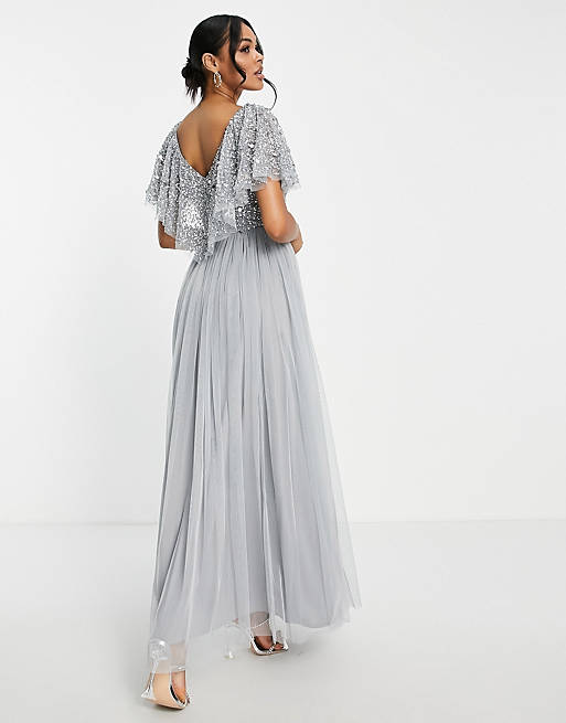 Beauut Bridesmaid embellished bodice maxi dress with flutter sleeve in grey