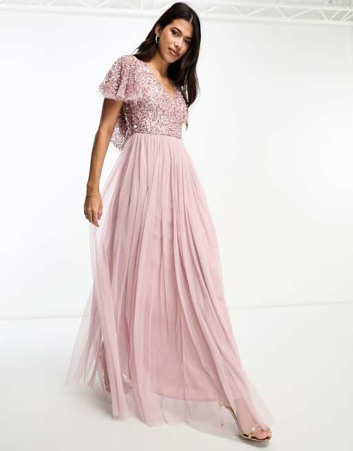 Beauut Bridesmaid embellished maxi dress with flutter detail in frosted ...