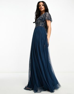 Shop Beauut Bridesmaid Embellished Maxi Dress With Flutter Detail In Navy