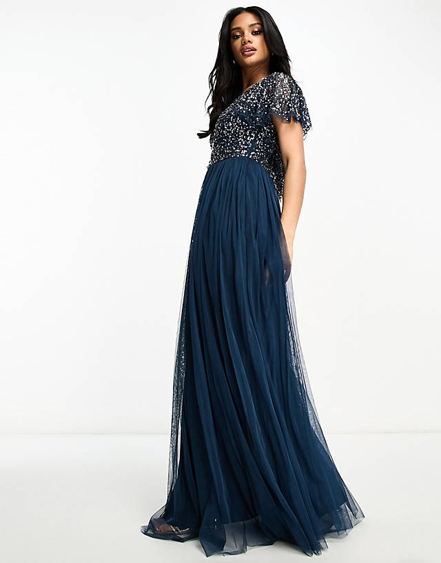 Beauut - bridesmaid embellished maxi dress with flutter detail in navy