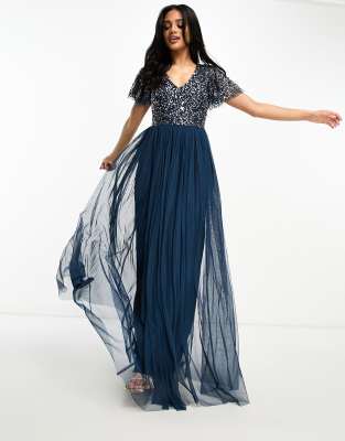 Beauut Bridesmaid embellished maxi dress with flutter detail in navy | ASOS