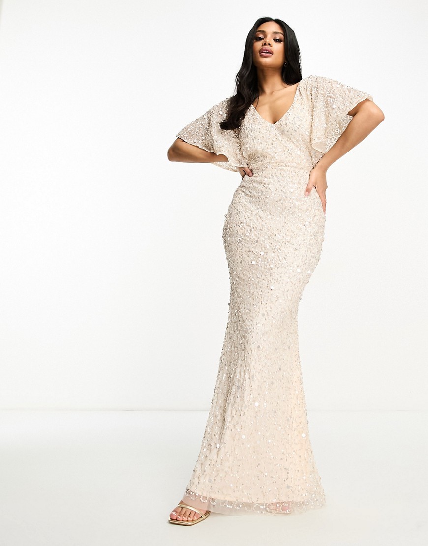 Beauut Bridesmaid embellished maxi dress with flutter sleeve in champagne-Neutral
