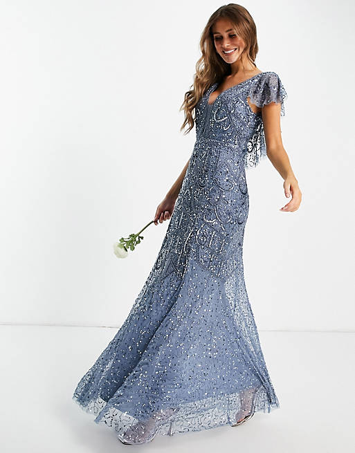 Beauut Bridesmaid embellished maxi dress with flutter sleeve in dark blue
