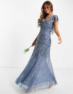 Beauut Bridesmaid embellished maxi dress with flutter sleeve in dark blue |  ASOS