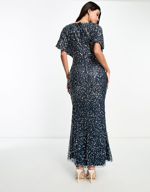 Beauut Bridesmaid embellished maxi dress with flutter sleeve in navy
