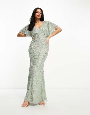 Beauut Beauut Bridesmaid embellished maxi dress with flutter sleeve in sage green