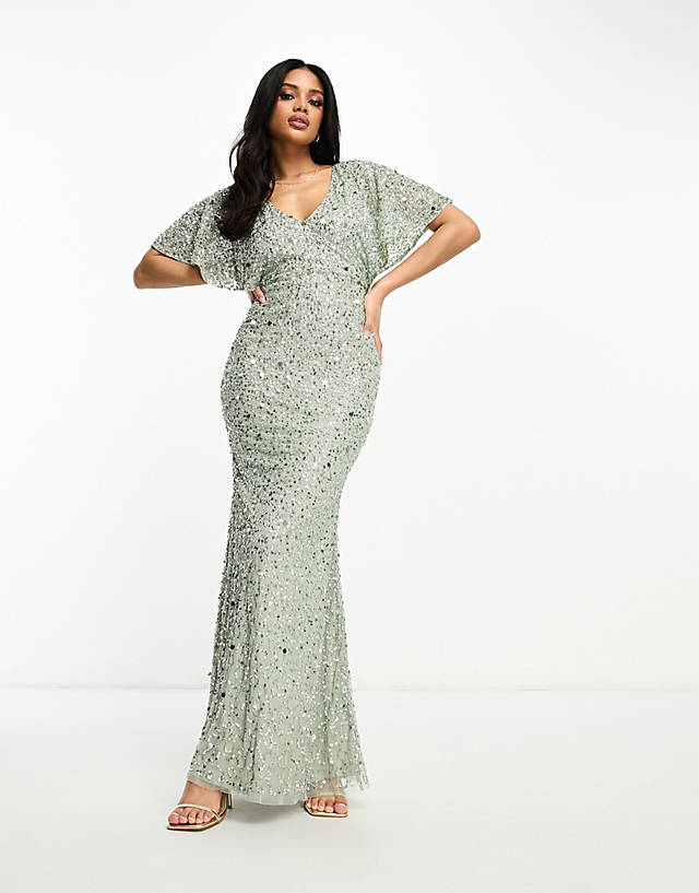 Beauut - bridesmaid embellished maxi dress with flutter sleeve in sage green