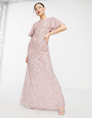 Beauut Bridesmaid  embellished maxi dress with frill detail in pink
