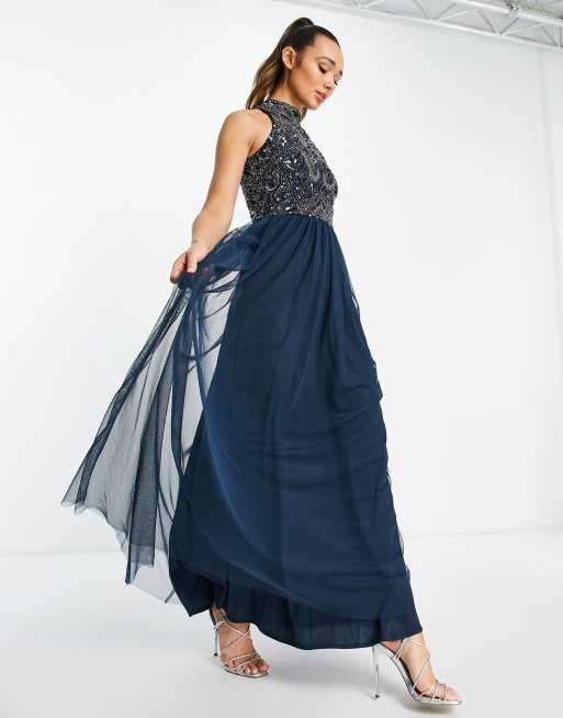 Beauut Bridesmaid embellished maxi dress with tulle skirt in navy