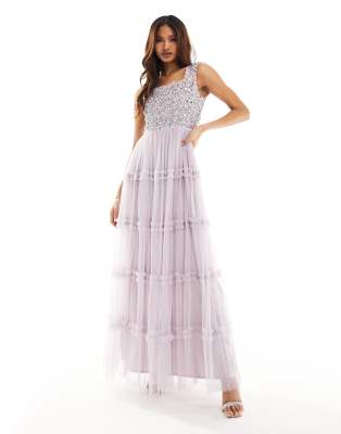 Beauut Bridesmaid embellished maxi square neck dress with ruffle skirt in lilac