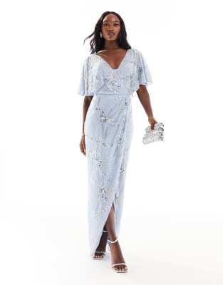 Bridesmaid embellished maxi wrap dress in blue