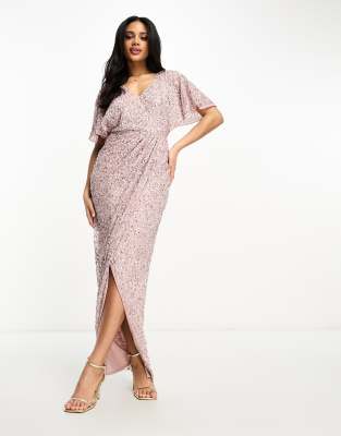 Bridesmaid embellished maxi wrap dress in frosted pink